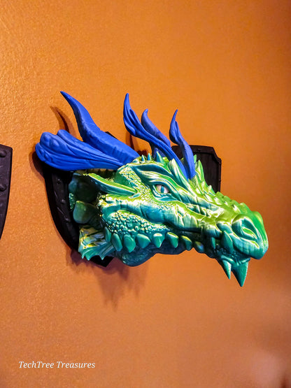 Dragon Head Trophy Wall Mount- Northern Dragon 3D Printed Fantasy Decor - Green and Blue Dual Color Silk PLA With Blue Horns