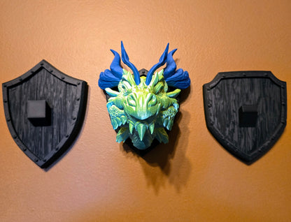 Dragon Head Trophy Wall Mount- Northern Dragon 3D Printed Fantasy Decor - Green and Blue Dual Color Silk PLA With Blue Horns