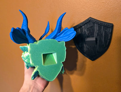 Dragon Head Trophy Wall Mount- Northern Dragon 3D Printed Fantasy Decor - Green and Blue Dual Color Silk PLA With Blue Horns