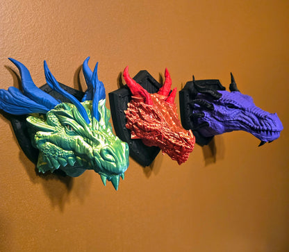 Dragon Head Trophy Wall Mount- Northern Dragon 3D Printed Fantasy Decor - Green and Blue Dual Color Silk PLA With Blue Horns