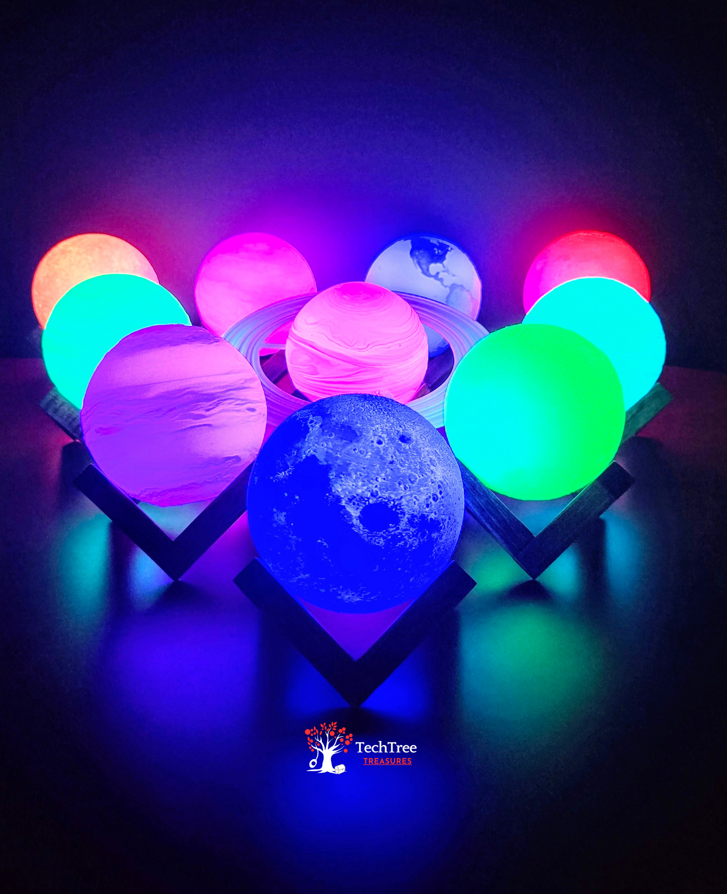 Moon/Planet LED Light Lamp w/ Hand Crafted One Of A Kind Wooden Stand | Rechargeable | Perfect for Bedside, Living Areas, Offices, Gaming Setups, Nightlights, and Adding Space Vibes- 3D Printed