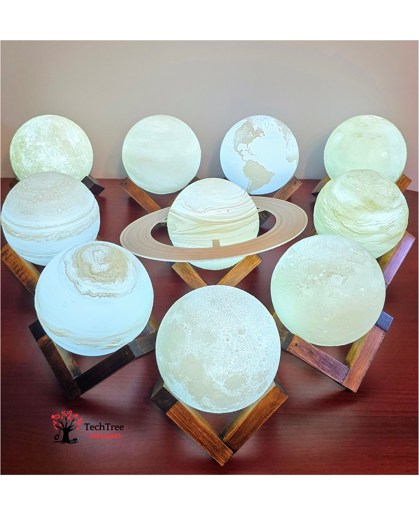 Moon/Planet LED Light Lamp w/ Hand Crafted One Of A Kind Wooden Stand | Rechargeable | Perfect for Bedside, Living Areas, Offices, Gaming Setups, Nightlights, and Adding Space Vibes- 3D Printed