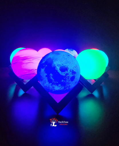 Moon/Planet LED Light Lamp w/ Hand Crafted One Of A Kind Wooden Stand | Rechargeable | Perfect for Bedside, Living Areas, Offices, Gaming Setups, Nightlights, and Adding Space Vibes- 3D Printed