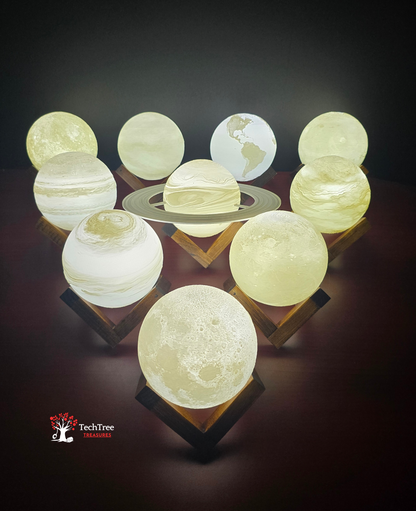 Moon/Planet LED Light Lamp w/ Hand Crafted One Of A Kind Wooden Stand | Rechargeable | Perfect for Bedside, Living Areas, Offices, Gaming Setups, Nightlights, and Adding Space Vibes- 3D Printed