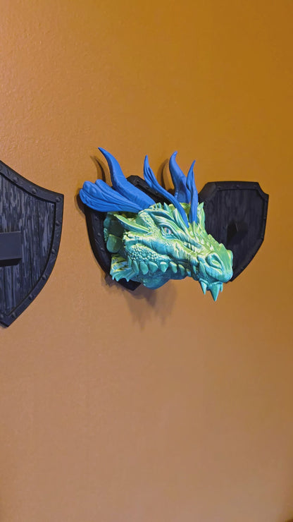 Dragon Head Trophy Wall Mount- Northern Dragon 3D Printed Fantasy Decor - Green and Blue Dual Color Silk PLA With Blue Horns